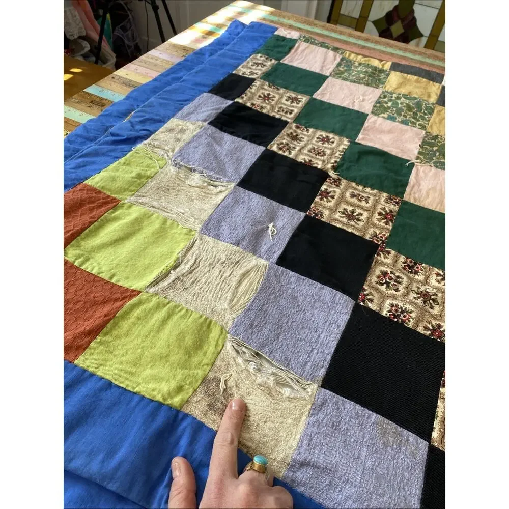 VINTAGE Handmade Patchwork Quilt Blanket Boho Hippie Cottage 70X 50 READ Flaw